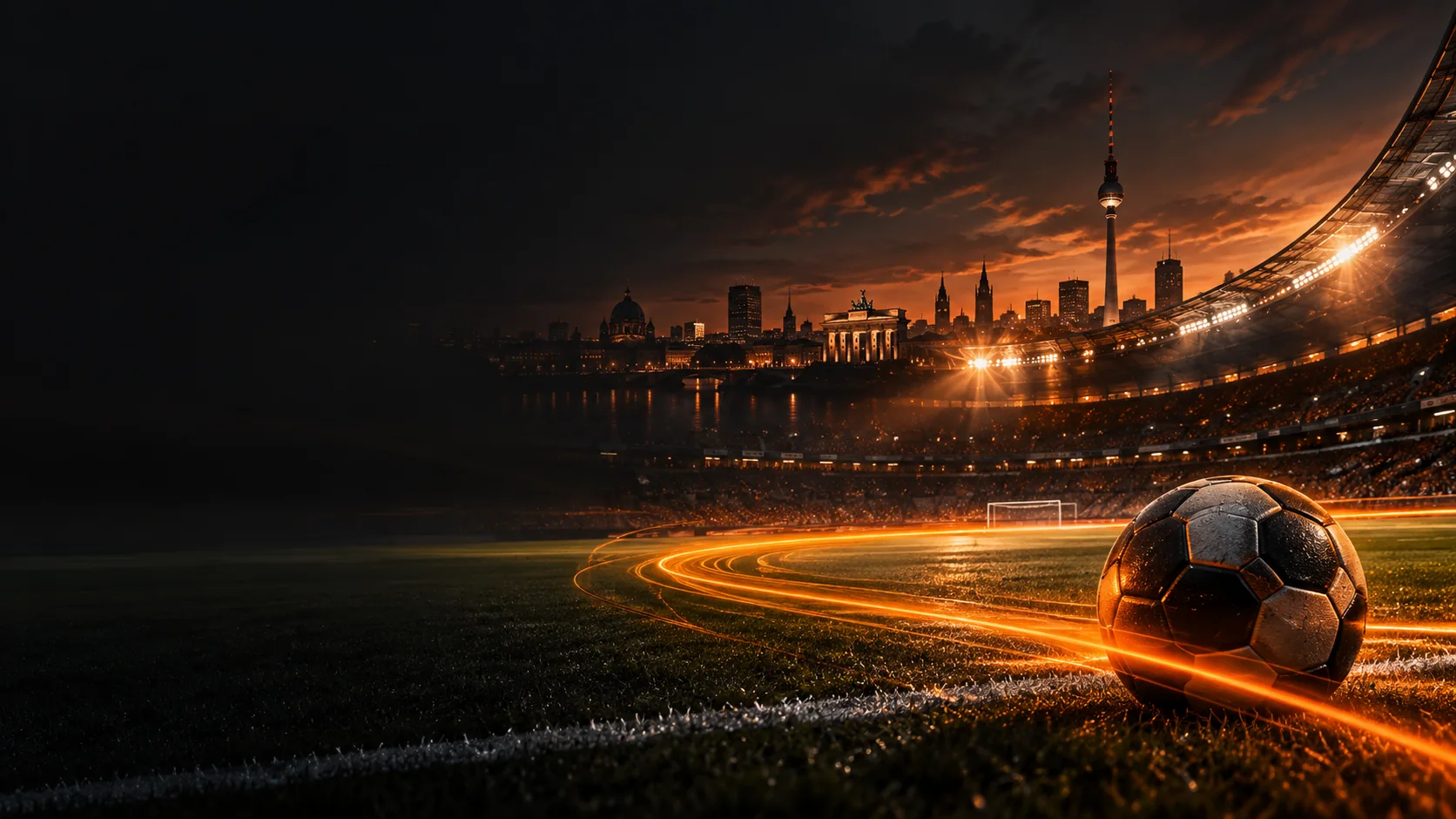 Fußballstadion und Berliner Skyline in orangefarbener Abendbeleuchtung